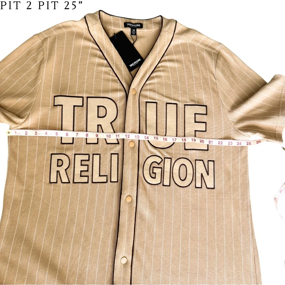 True Religion Mens Baseball Jersey Tan Khaki Pinstripe Button Front Shirt XL NEW